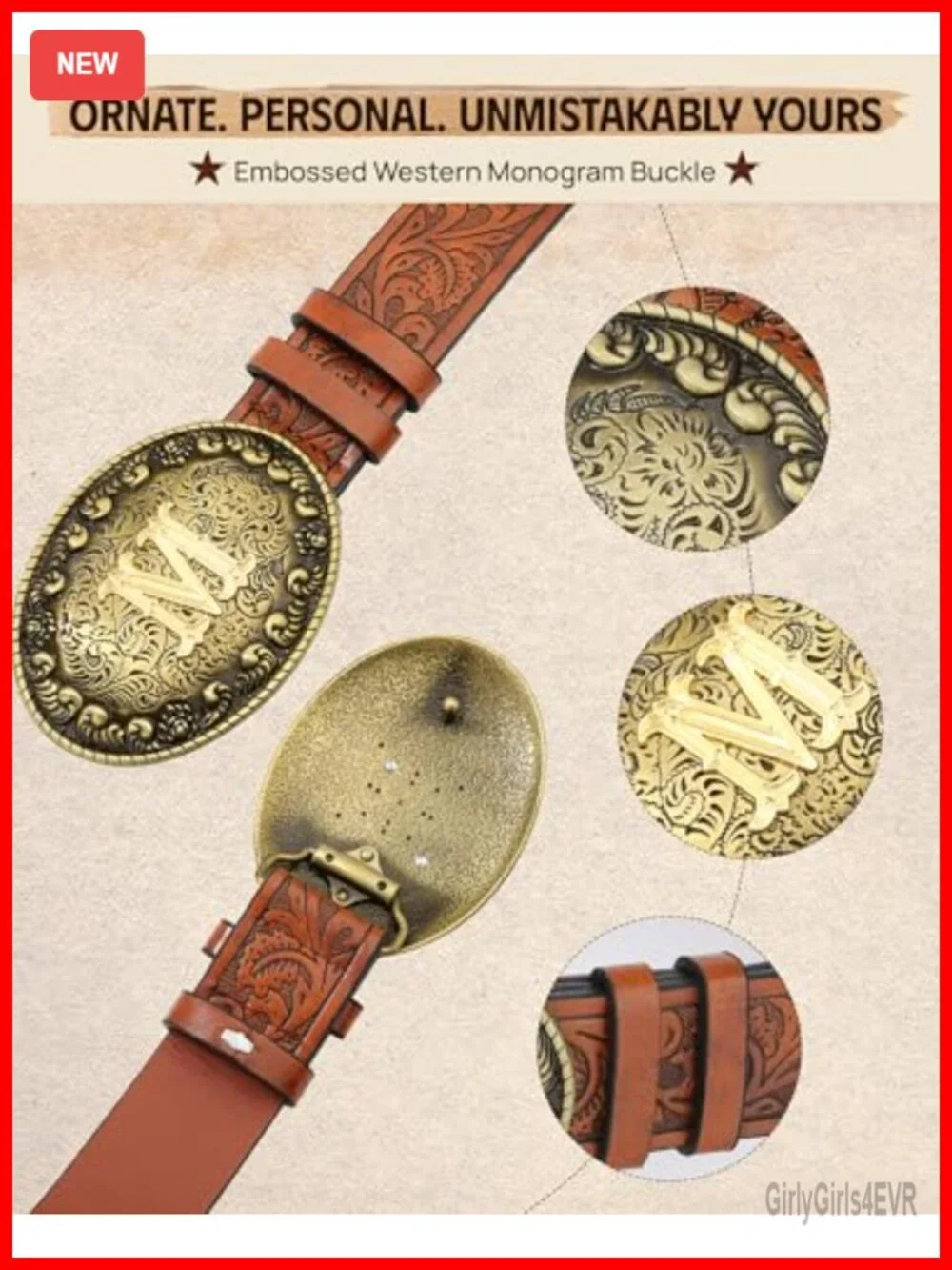 Vintage Western PU Leather Belt with Ornate Initial Buckle